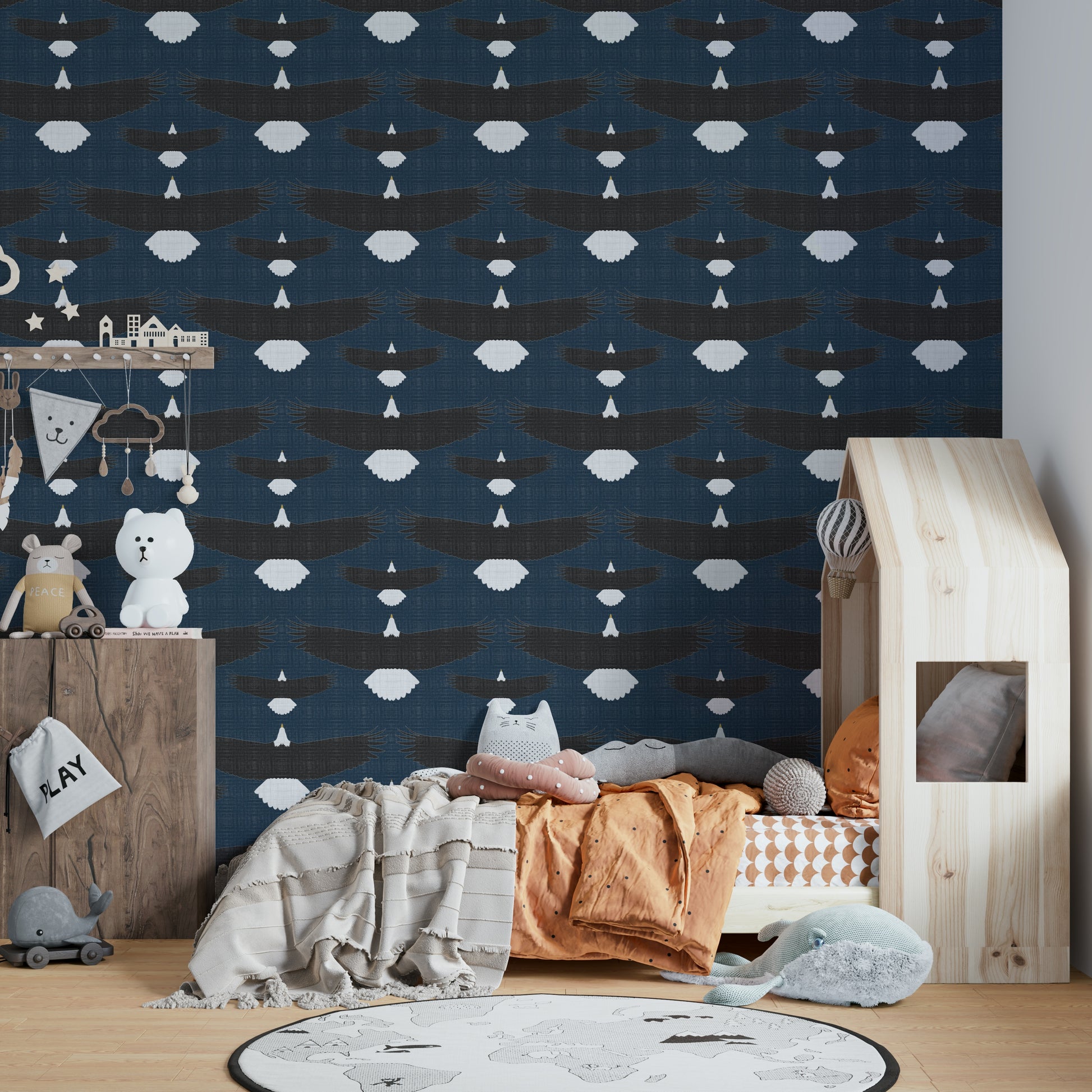 Rustic Bald Eagle Flock Blue Wallpaper with flying eagles

