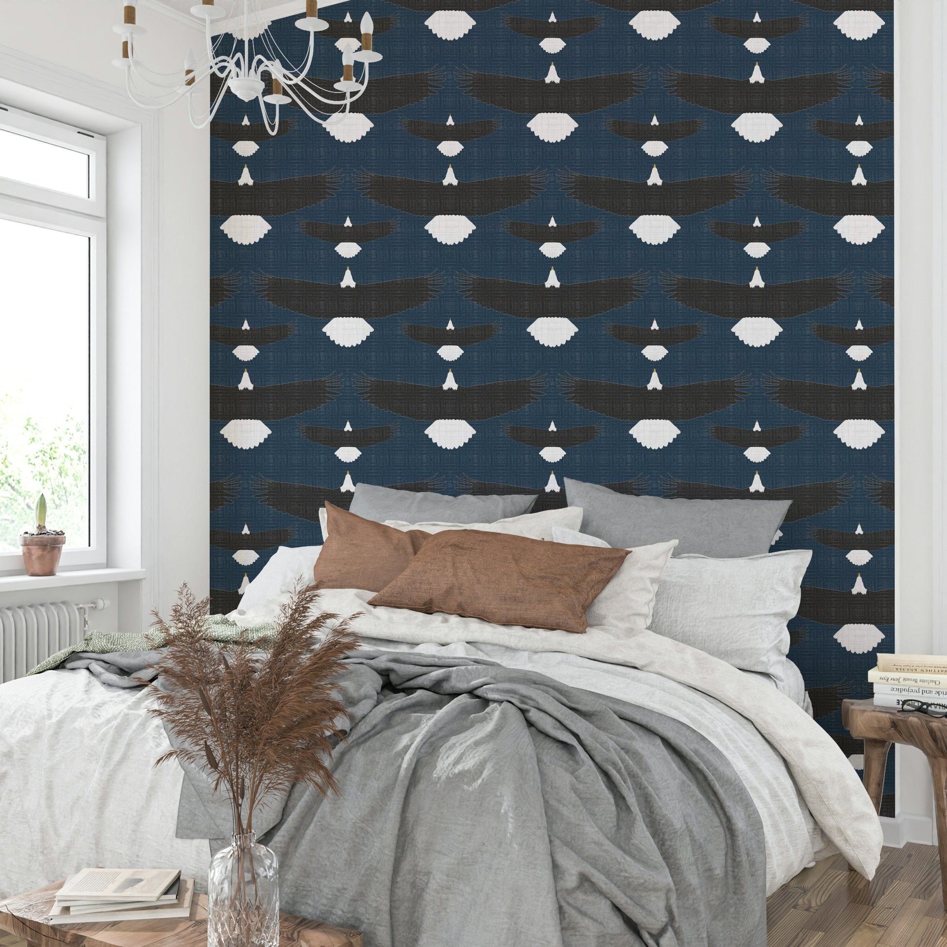 Decorative wallpaper showing bald eagles in formation


