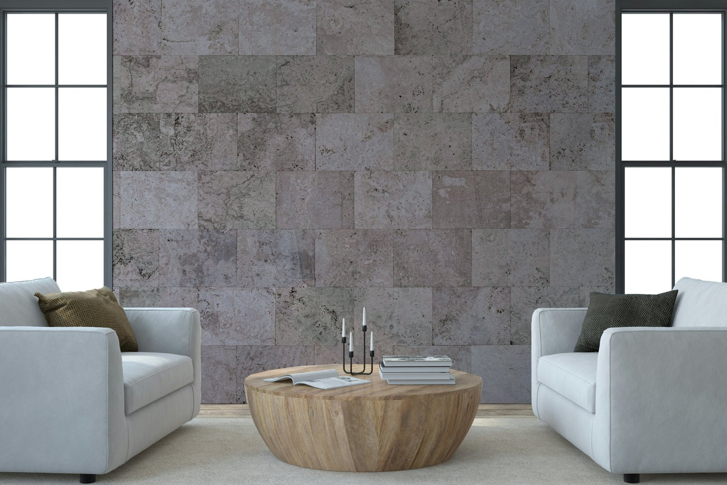 Warm-toned rustic block wallpaper mural adding a cozy, grounded aesthetic to any room.