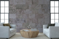 Warm-toned rustic block wallpaper mural adding a cozy, grounded aesthetic to any room.