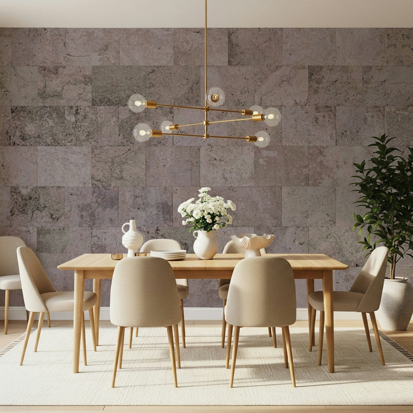 Rustic block wall mural blending earthy hues and rough surfaces for timeless interior design appeal.