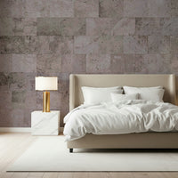 Rustic block pattern wallpaper with weathered surfaces and subtle color variations for modern farmhouse décor.