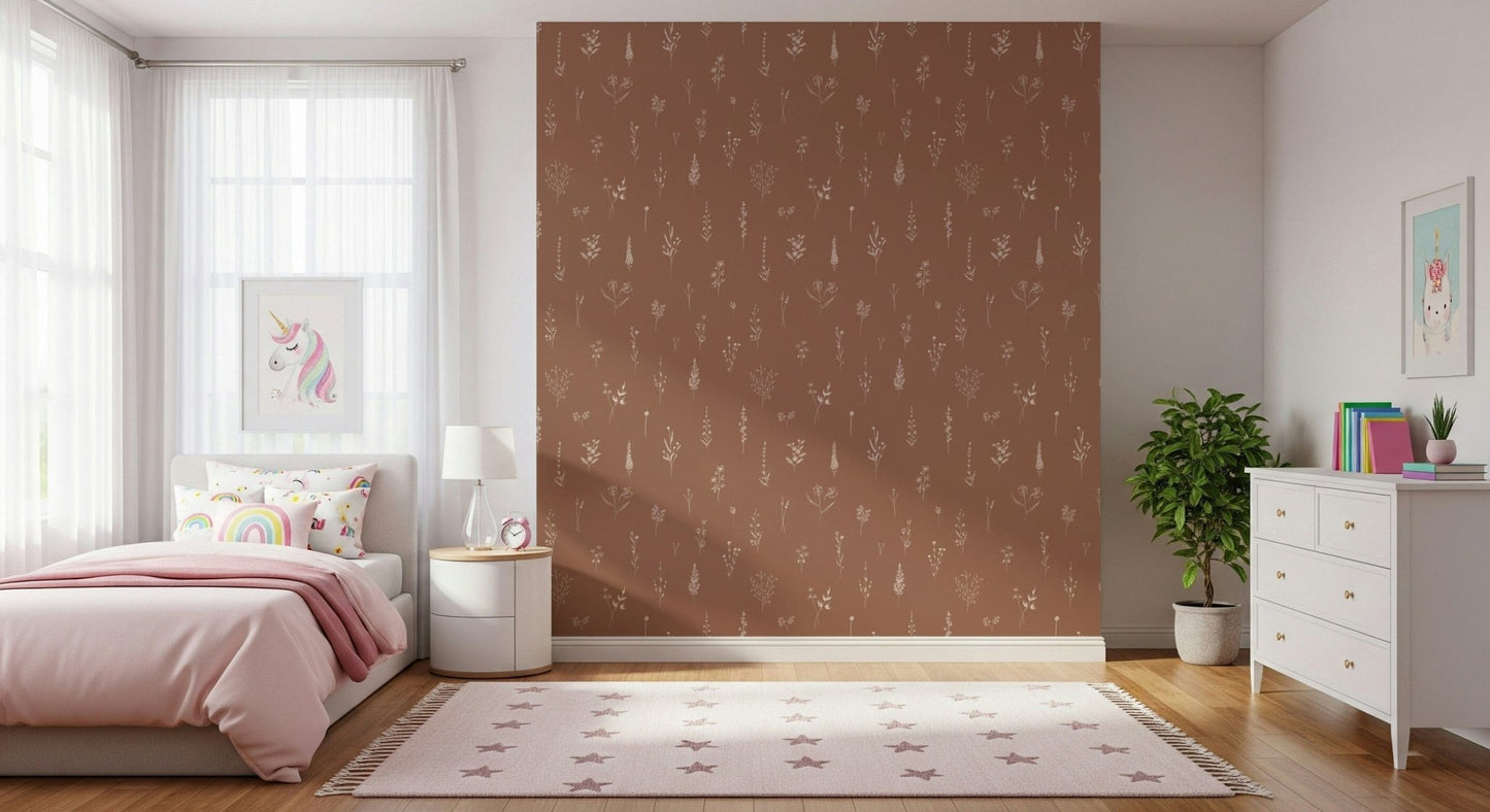 Minimalist botanical wallpaper with fine hand-drawn flower sketches scattered across a terracotta surface