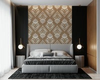 Rustic bloom wallpaper featuring cream floral motifs on a warm brown textured background