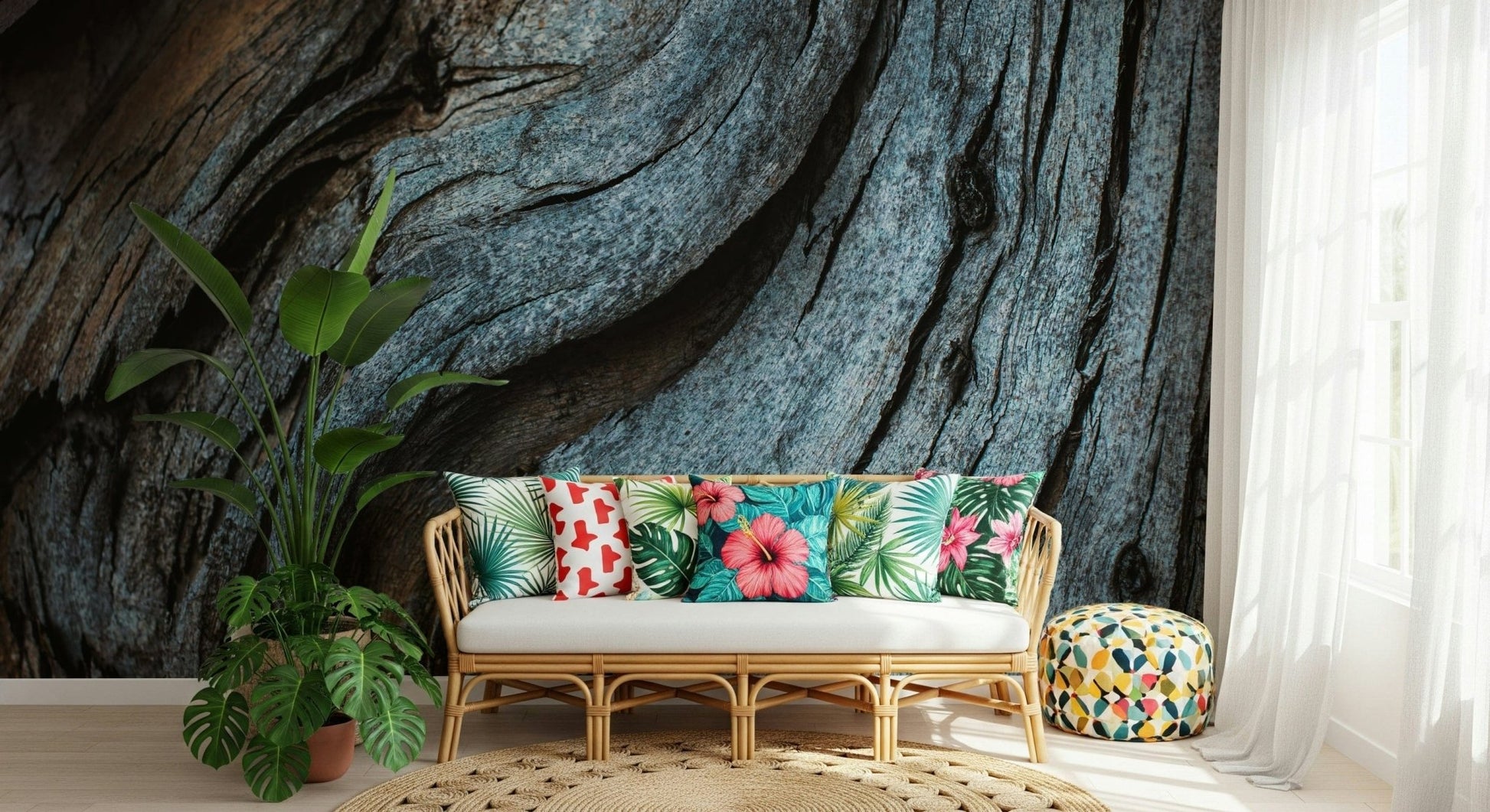 Textured rustic blue wood wallpaper mural for cozy, vintage-inspired, or eclectic interior spaces.