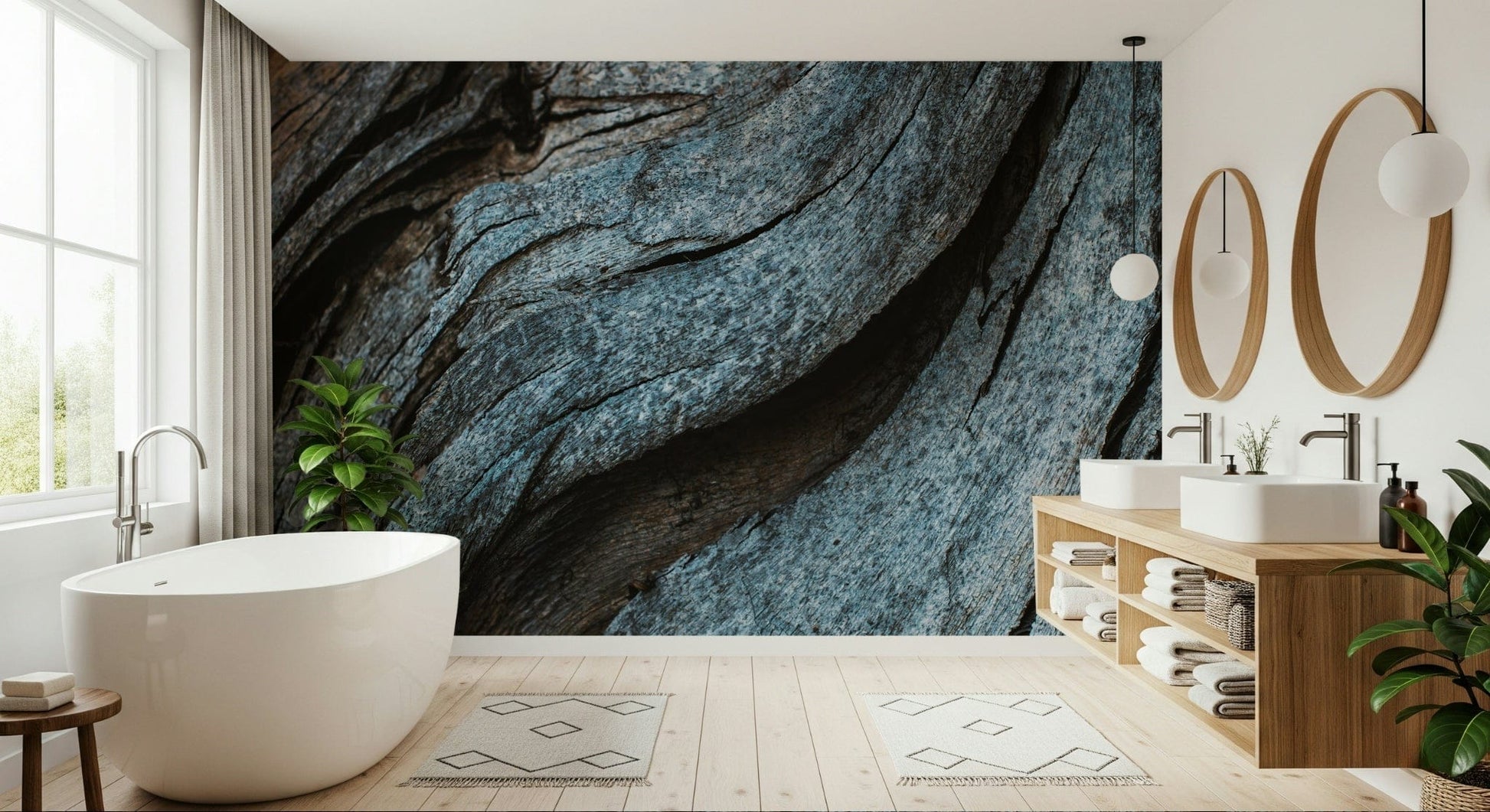 Rustic Blue Wood Wall Mural featuring weathered wooden planks in soft blue tones for cozy, farmhouse-style interiors.