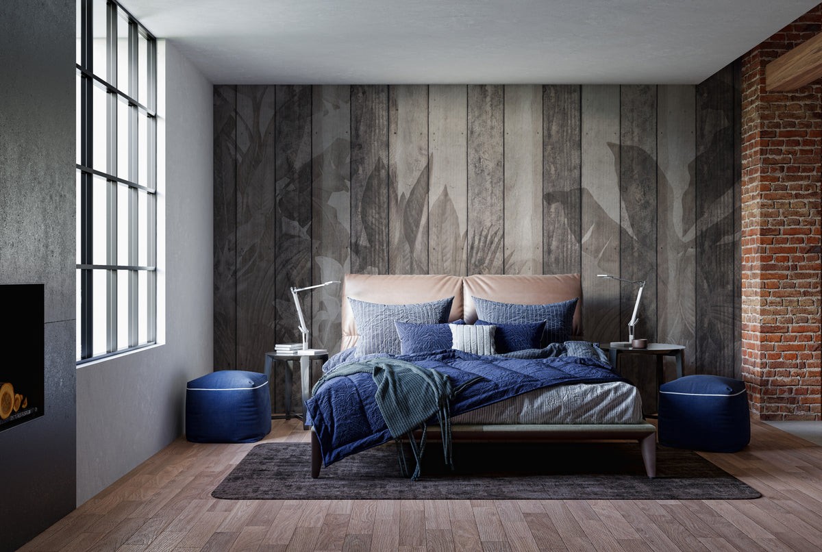 Rustic Botanical Wood Panel Wallpaper in your room — zoomed