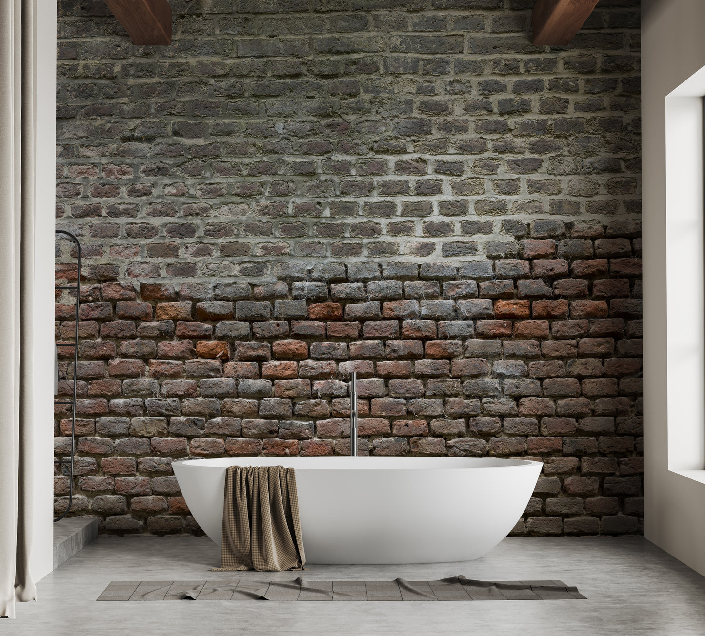 Soiled Dirt & Rustic Brick wallpaper mural styled along a hallway feature wall near a console in brown tones