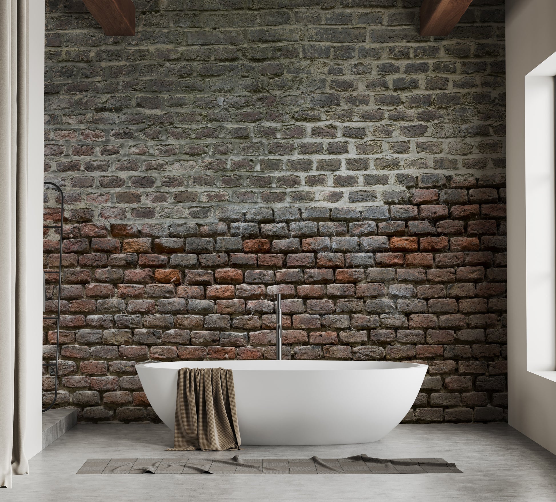 Soiled Dirt & Rustic Brick wallpaper mural styled along a hallway feature wall near a console in brown tones