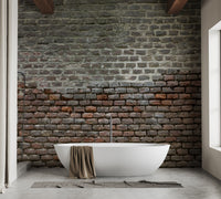 Soiled Dirt & Rustic Brick wallpaper mural styled along a hallway feature wall near a console in brown tones