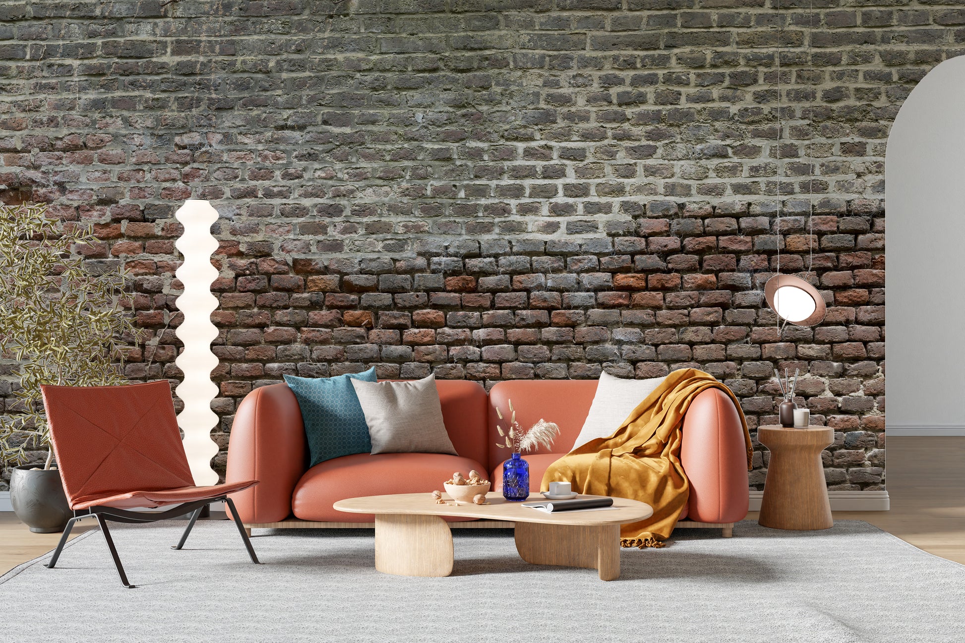 Soiled Dirt & Rustic Brick wallpaper mural as a feature wall in a home office workspace in brown tones