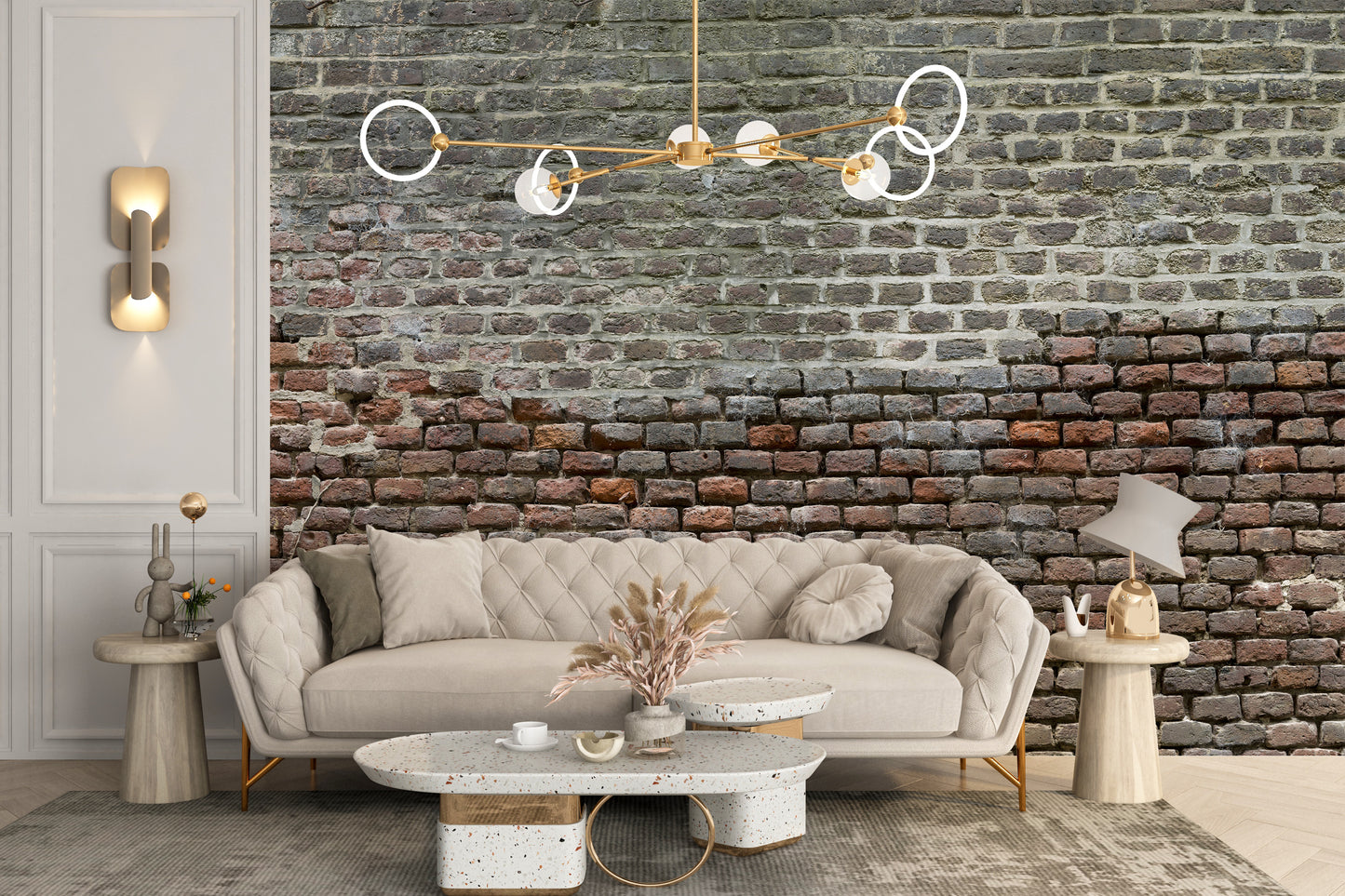 Soiled Dirt & Rustic Brick wallpaper mural styled as a feature wall behind a dining table and chairs in brown tones