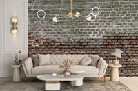 Soiled Dirt & Rustic Brick wallpaper mural styled as a feature wall behind a dining table and chairs in brown tones