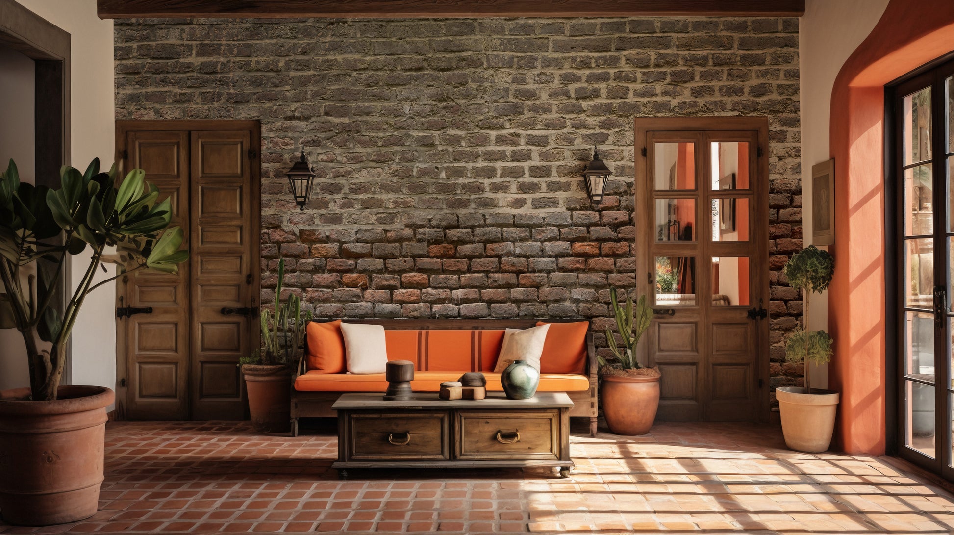Soiled Dirt & Rustic Brick wallpaper mural as a bedroom feature wall behind the headboard in brown tones