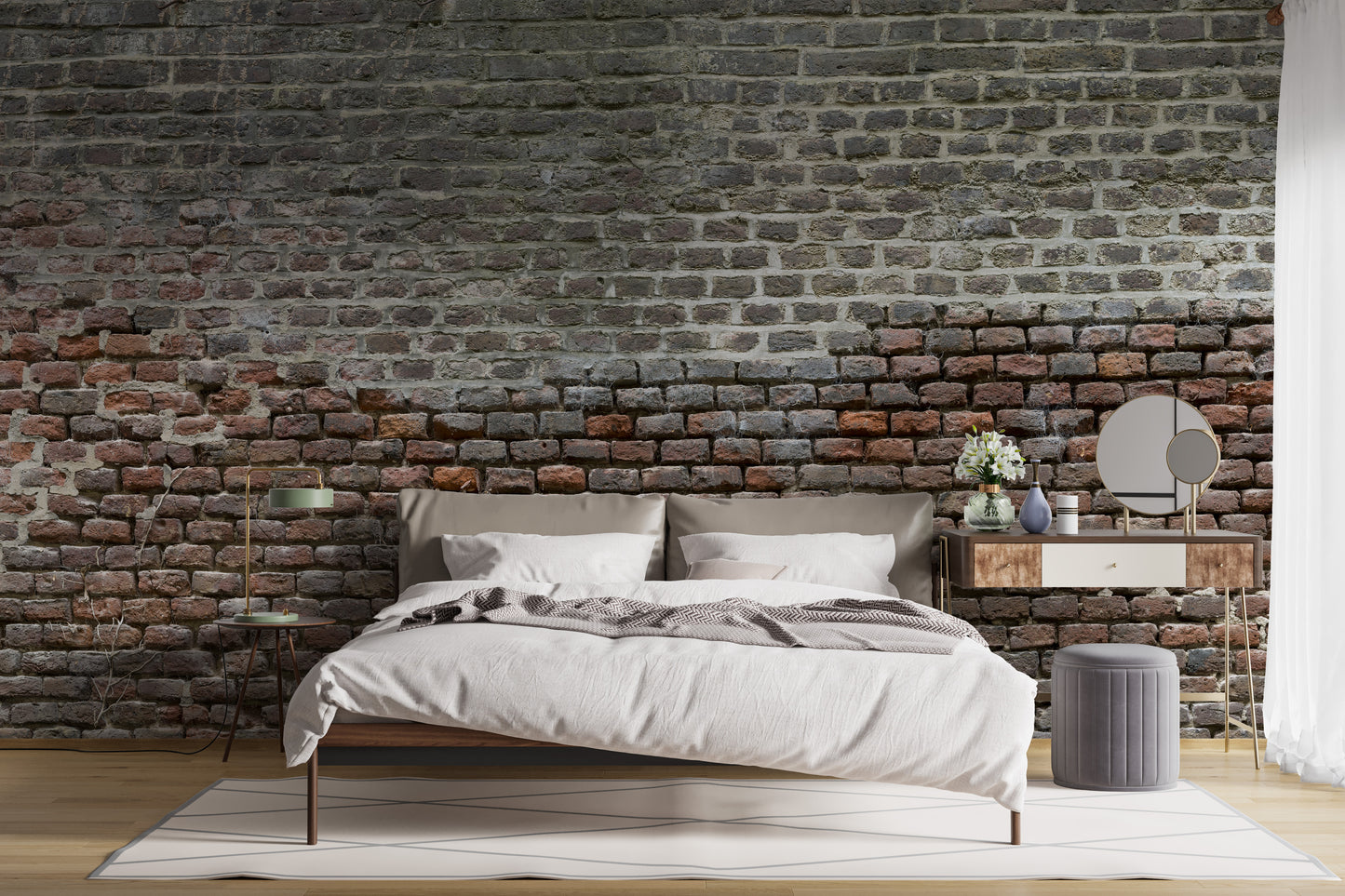 Soiled Dirt & Rustic Brick wallpaper mural styled as a living room feature wall behind a sofa and seating in brown tones