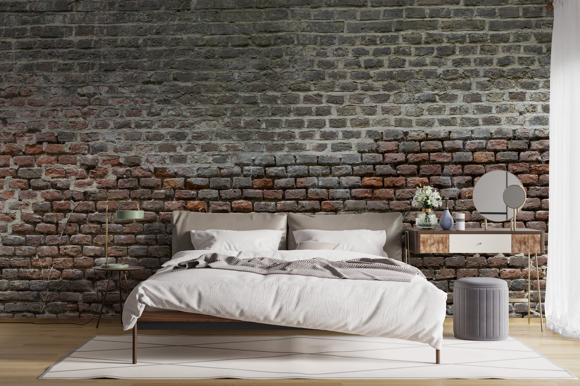 Soiled Dirt & Rustic Brick wallpaper mural styled as a living room feature wall behind a sofa and seating in brown tones