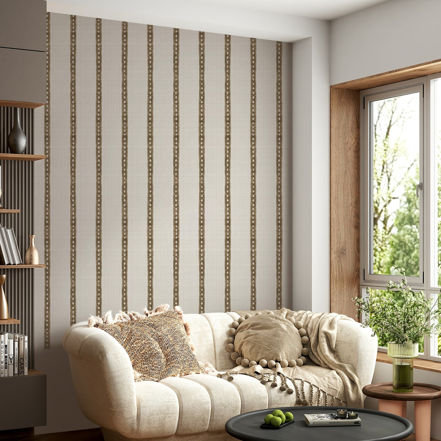 Stylish rustic brown striped wallpaper on feature wall

