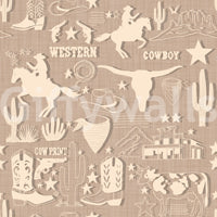 Patterned western wallpaper featuring cowboys, horses, and desert motifs in a muted rustic texture.