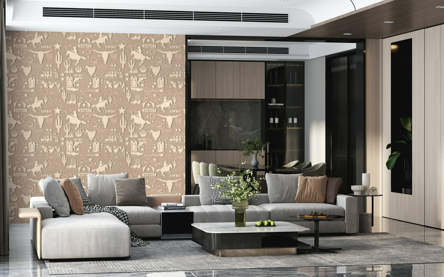Rustic Cowboy Dream wallpaper mural with illustrated western scenery and cowboy symbols in a neutral tone.