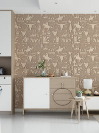 Cowboy-themed wallpaper mural with soft neutral western graphics and hand-drawn motifs.