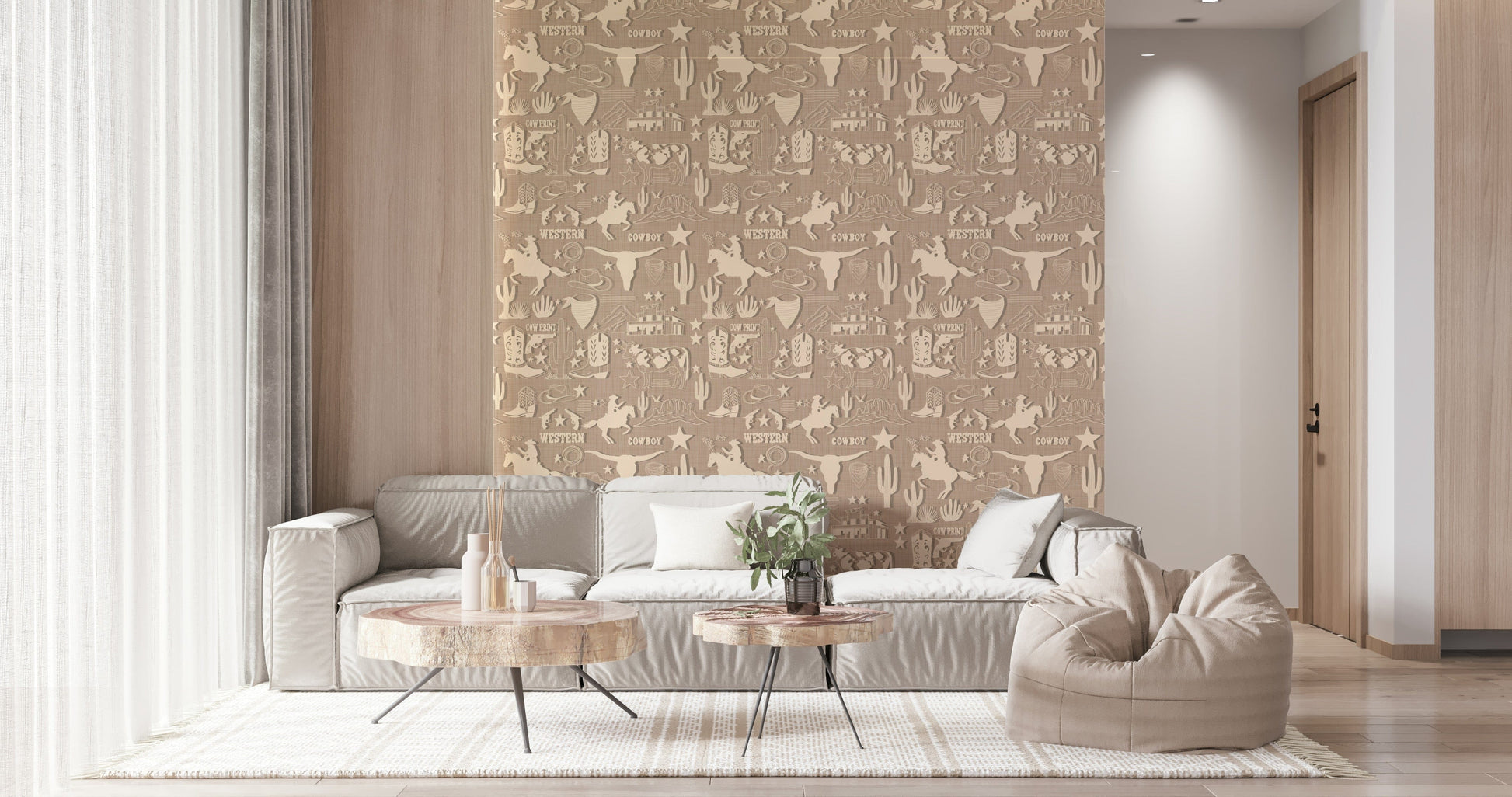 Western-style wallpaper mural with illustrated cowboy motifs on a rustic tan textured background.