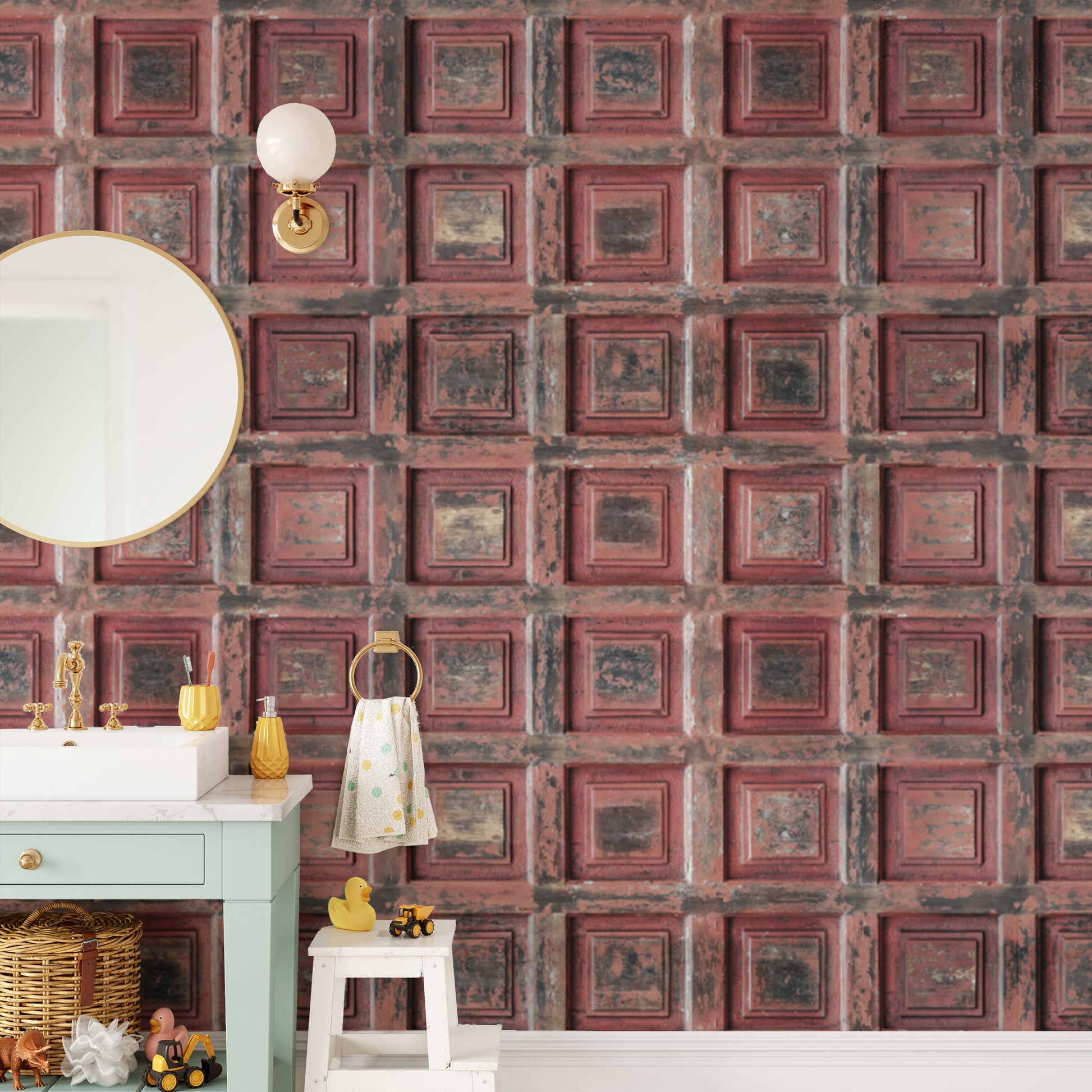 Weathered red wood panel mural for cozy ambiance
