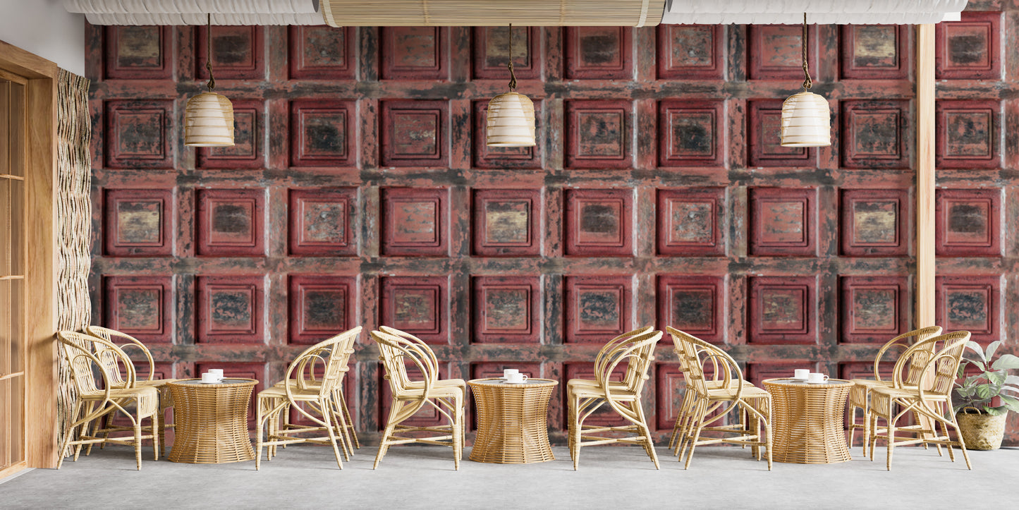 Aged red wood panel wallpaper for industrial interiors
