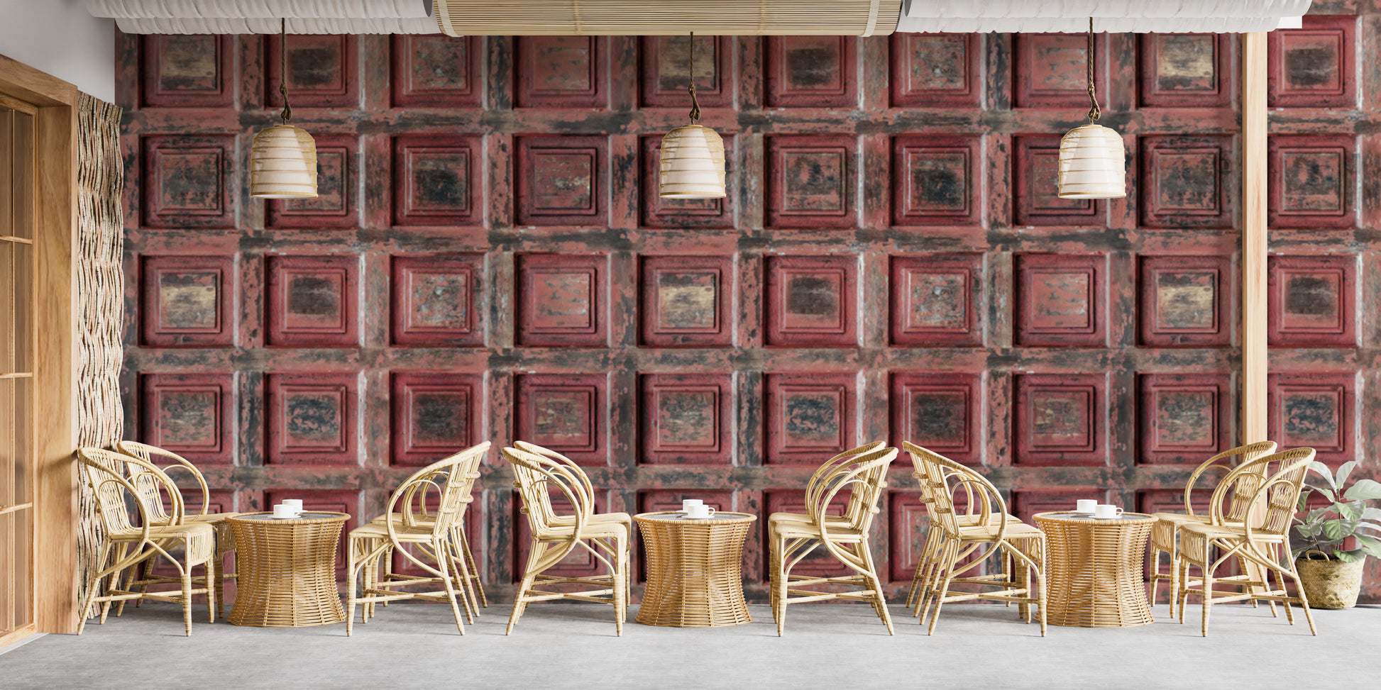 Aged red wood panel wallpaper for industrial interiors
