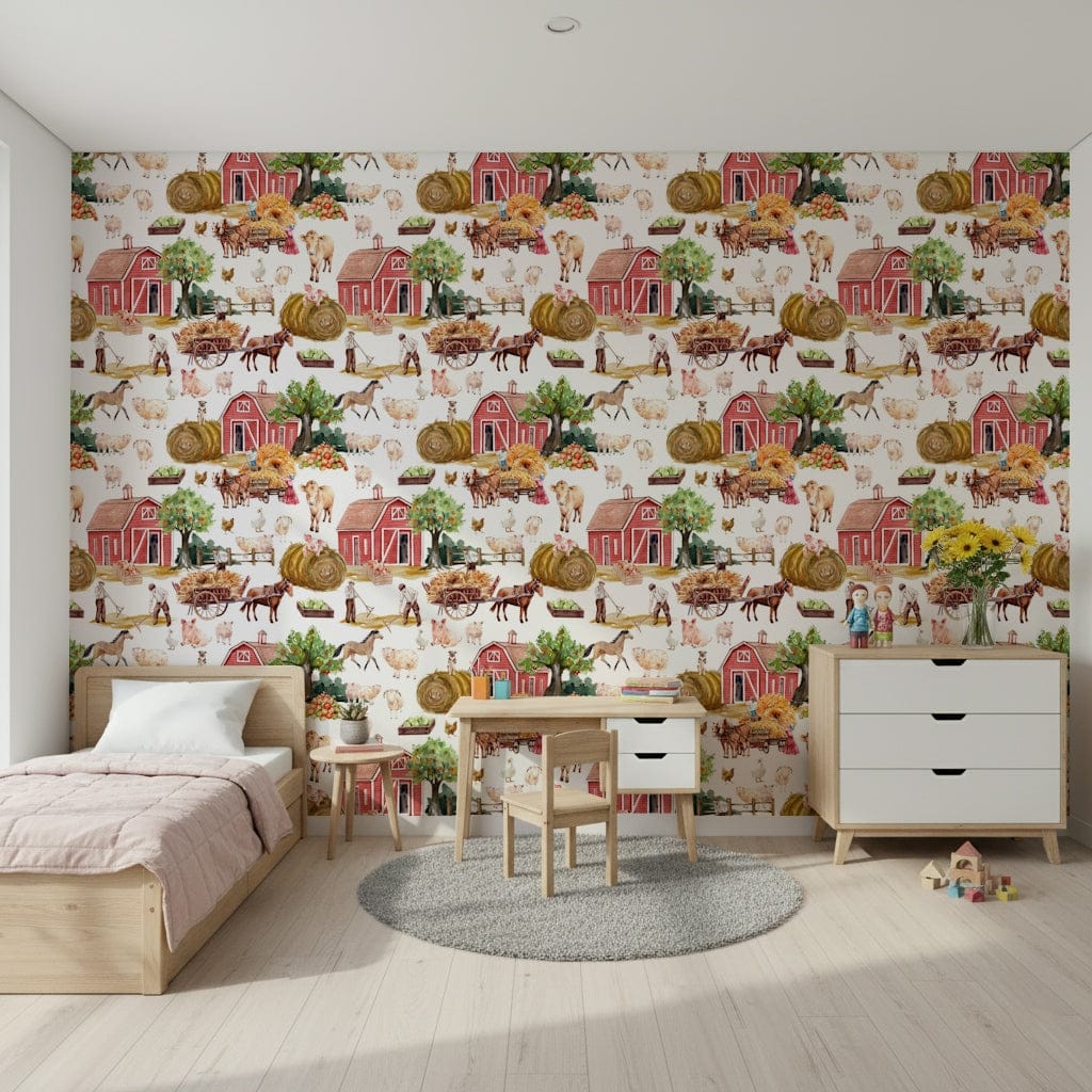 Charming vintage style Farm Life Watercolor wall treatment.