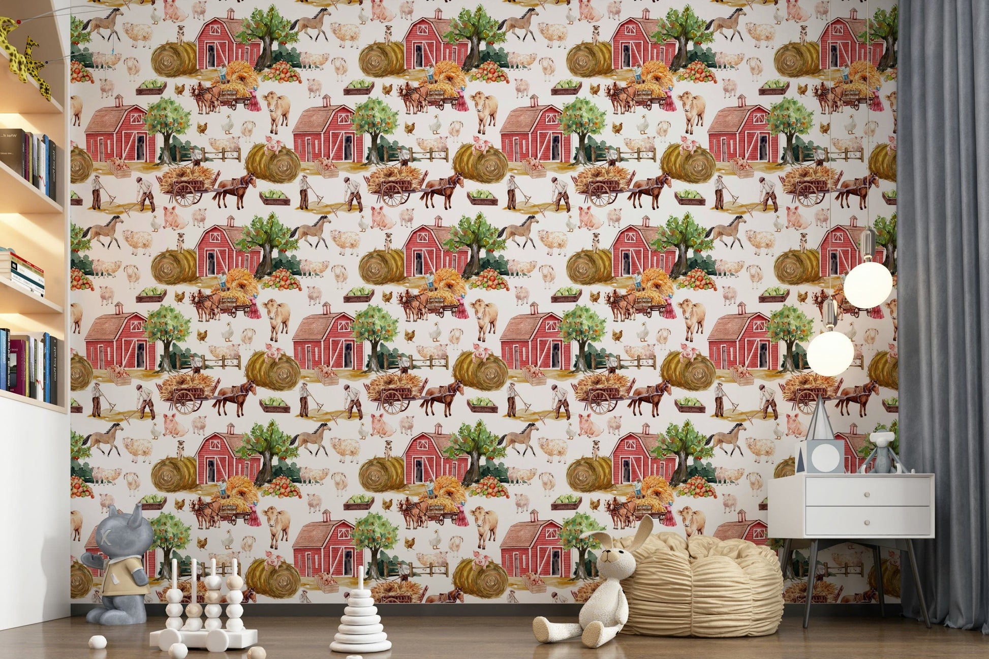 Red barn and horse Farm Life Watercolor wall paper decor.