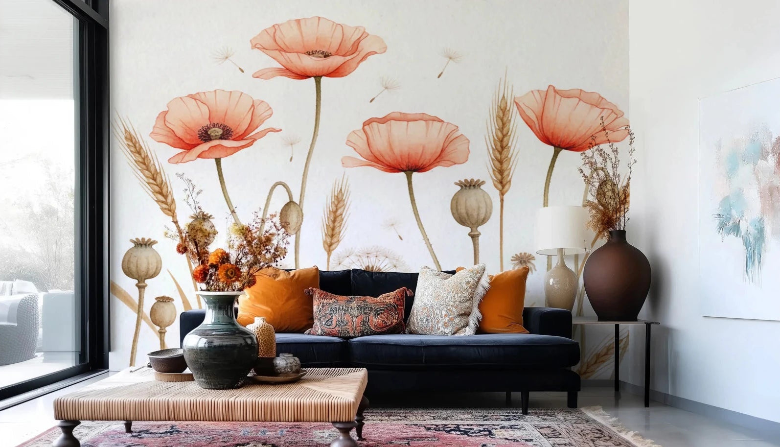 Rustic Floral Haven wallpaper mural of coral poppies and wheat behind a navy velvet sofa with orange pillows