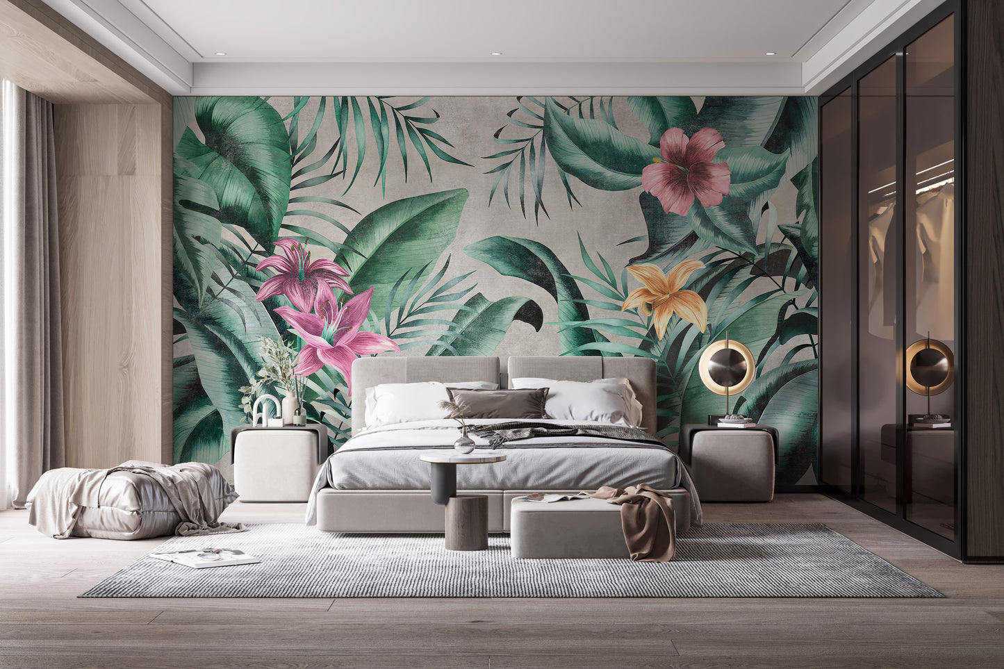 Rustic Floral Large Green Leaves Wallpaper Mural - Giffywalls