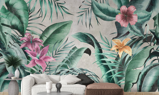 Rustic Floral Large Green Leaves wallpaper mural shown as a full feature wall that highlights the design