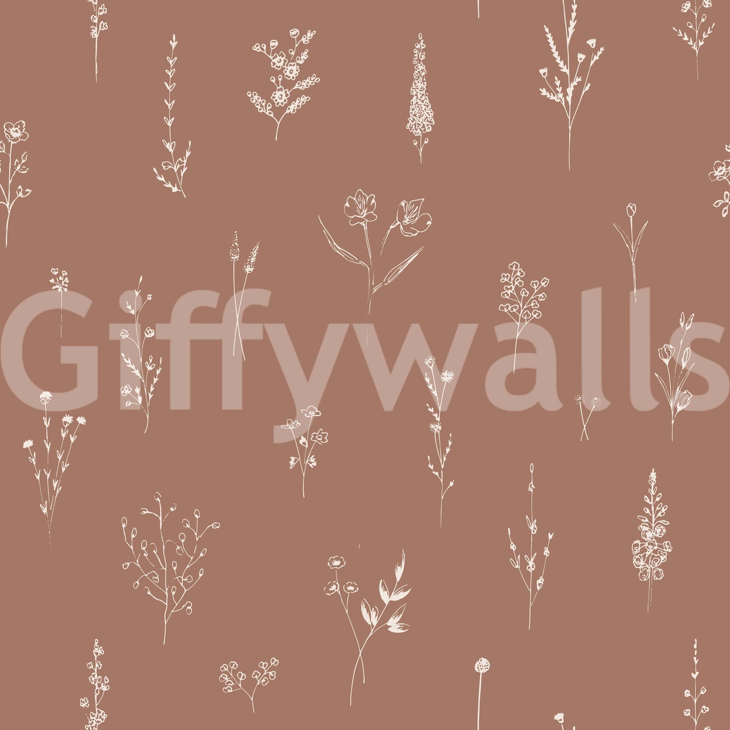 Minimalist cream-on-brown floral artwork with scattered botanical sketches for a rustic feel