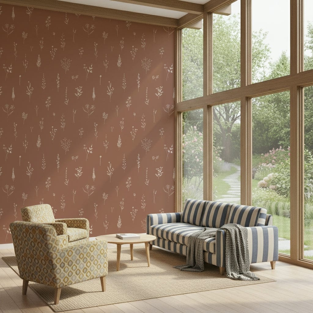 Soft floral sketch pattern with small wildflower motifs dispersed over a warm brown base