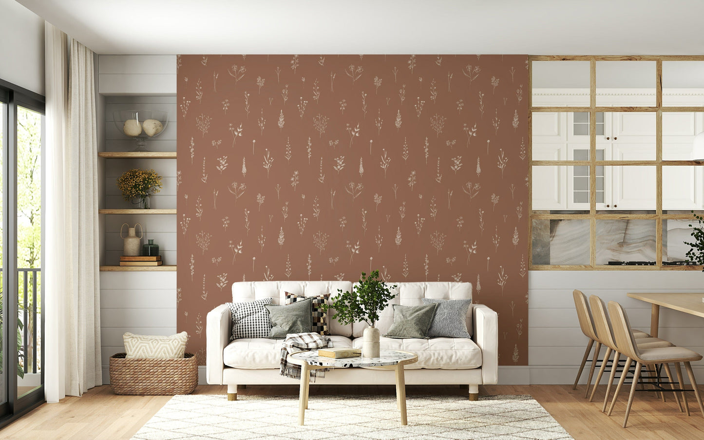 Brown wallpaper decorated with thin botanical illustrations in a rustic, hand-drawn style