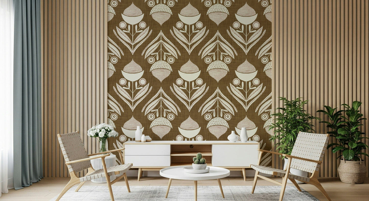 Rustic Floral wallpaper mural combining vintage floral shapes with a warm, textured brown background.
