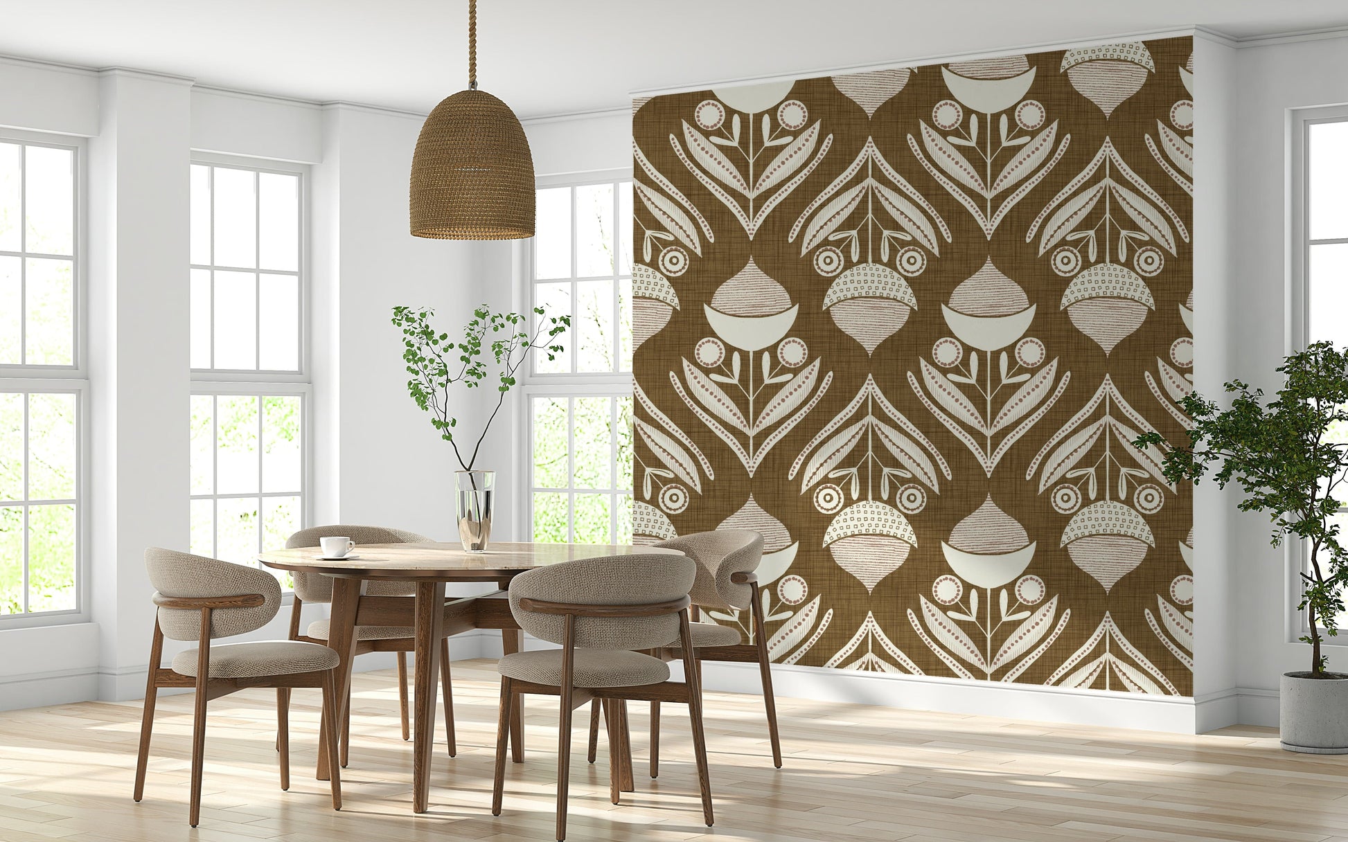 Patterned rustic wallpaper with symmetrical botanical illustrations and soft pastel accents.