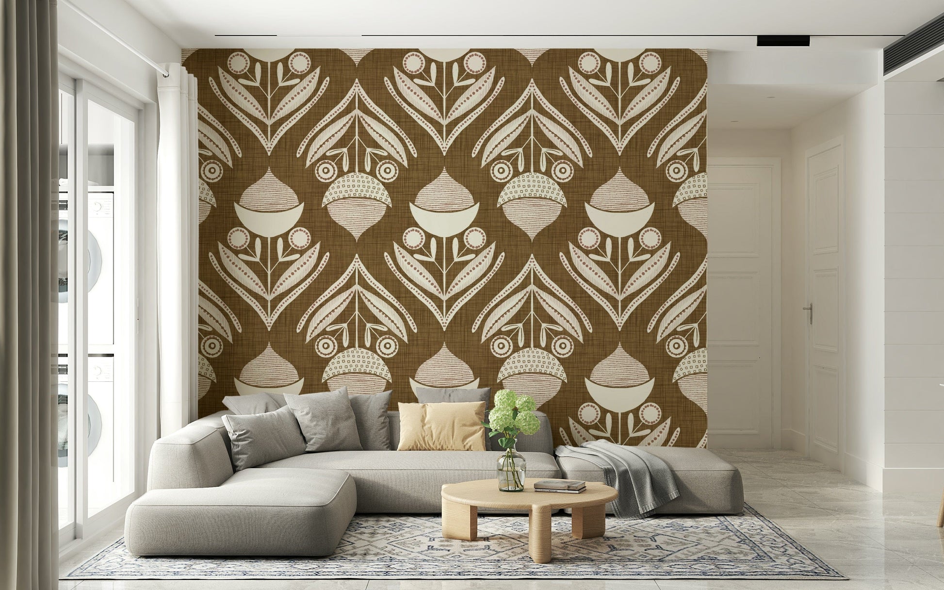Rustic Floral wallpaper with charming stylized blooms and curved leaf forms in a repeating design.