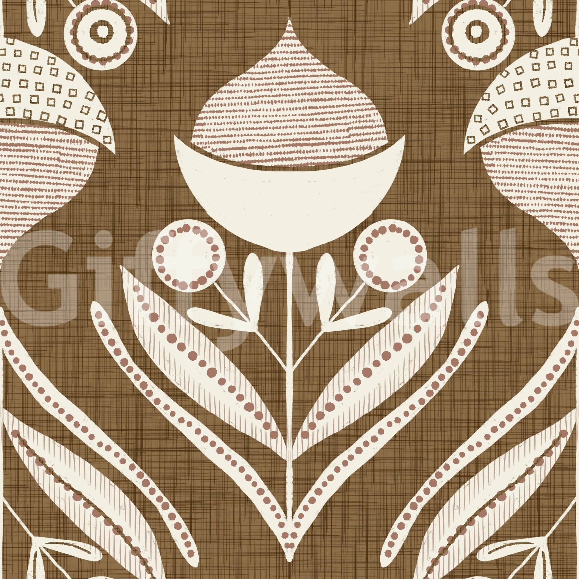 Folk-inspired wallpaper featuring whimsical floral icons in a tidy repeating grid.