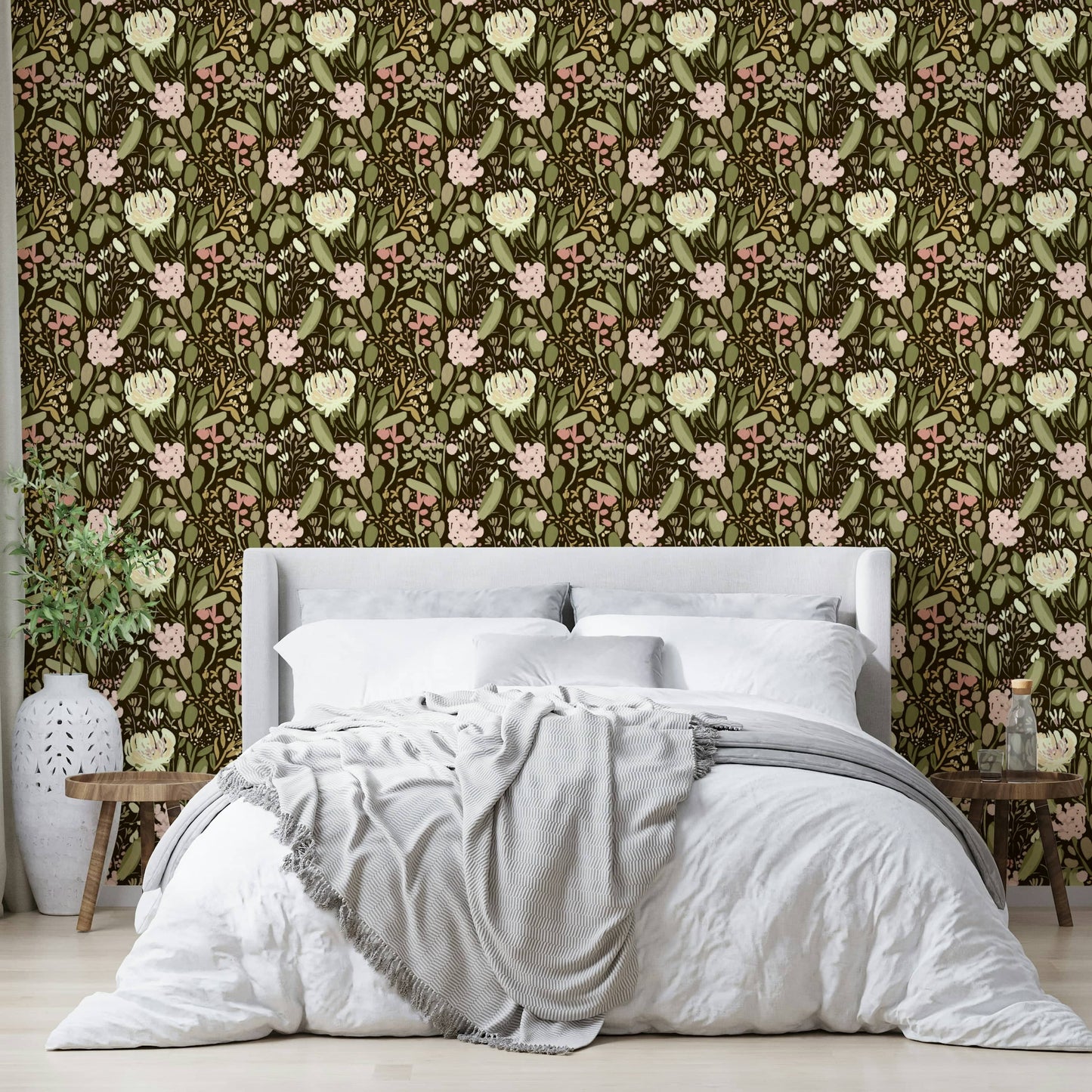 A peaceful flower design mural on decorative wallpaper.

