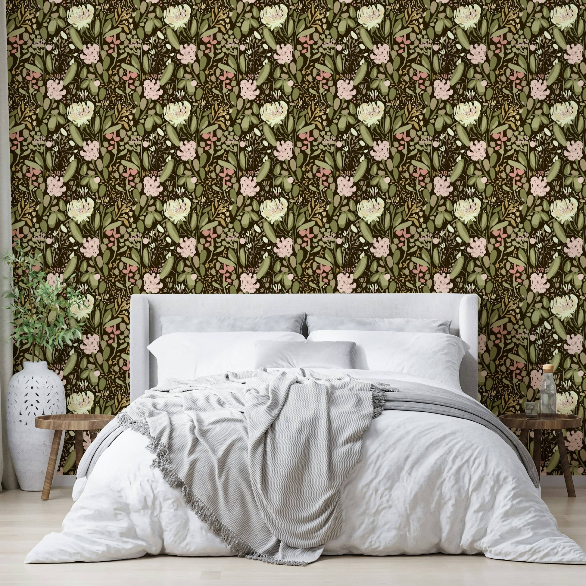 A peaceful flower design mural on decorative wallpaper.

