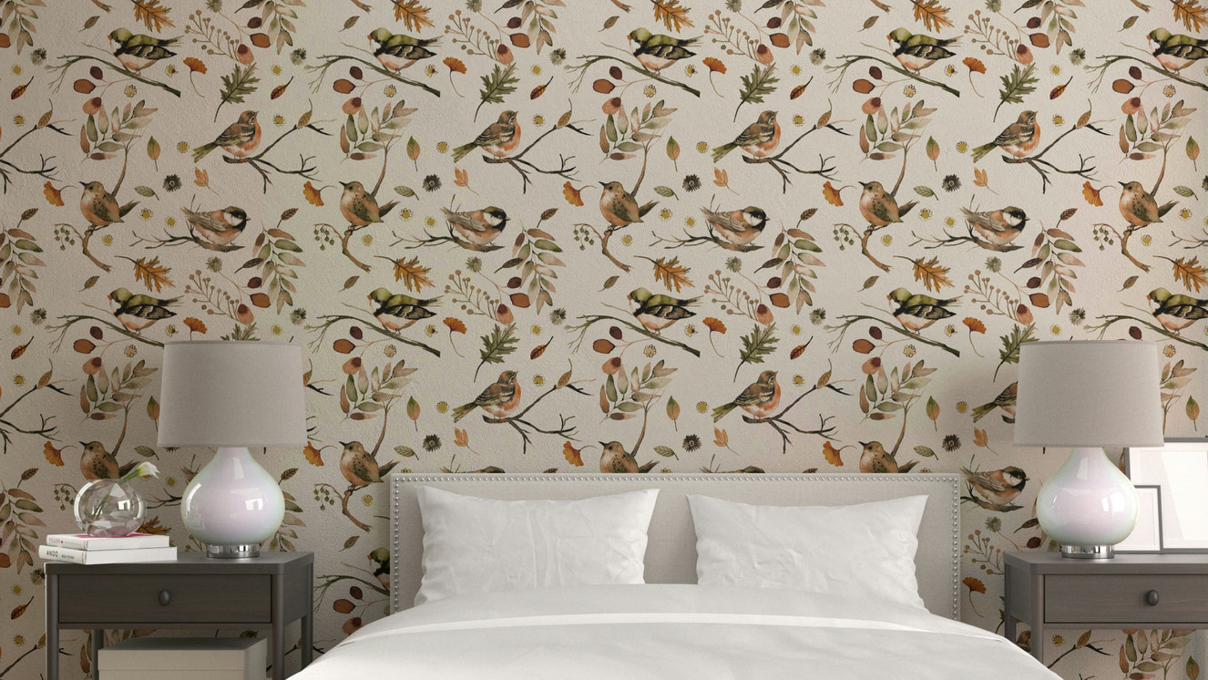 Rustic forest green wallpaper with birds and trees

