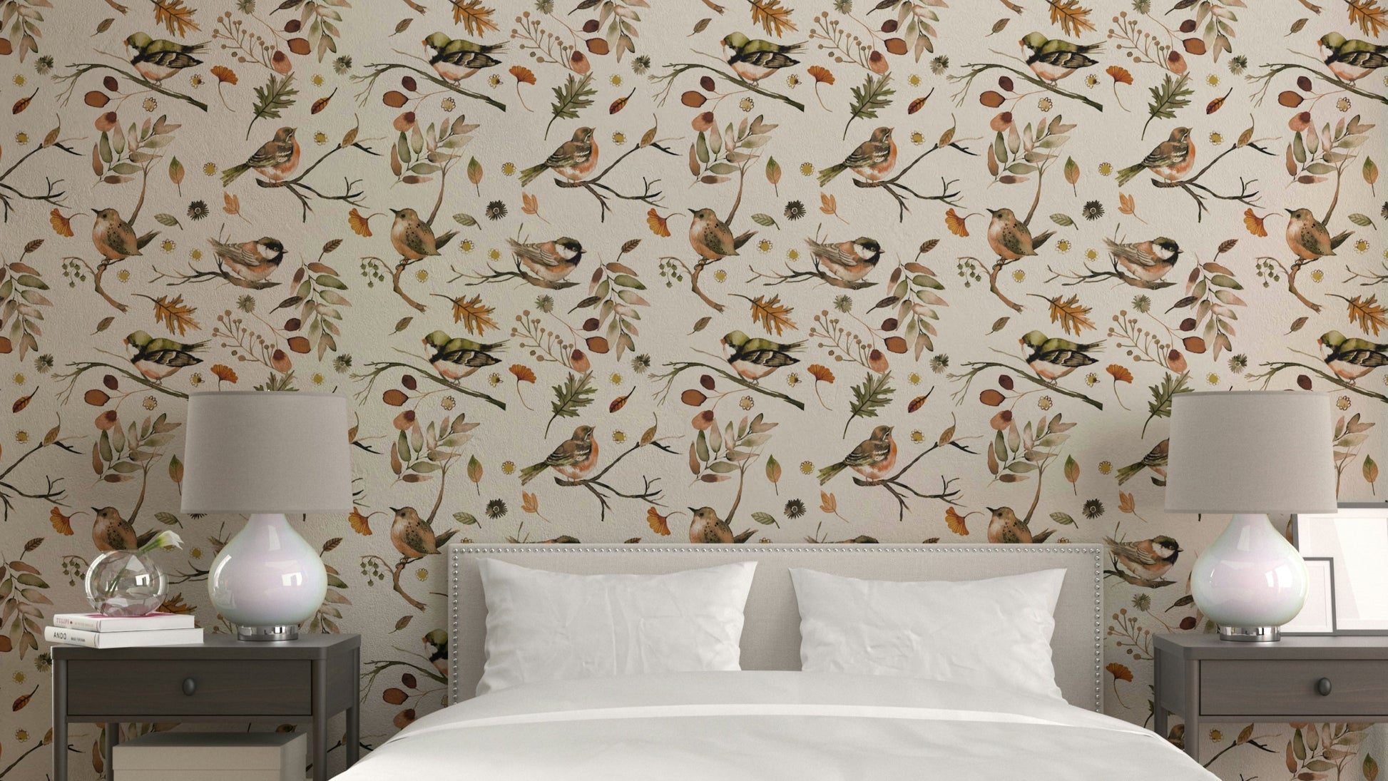 Rustic forest green wallpaper with birds and trees

