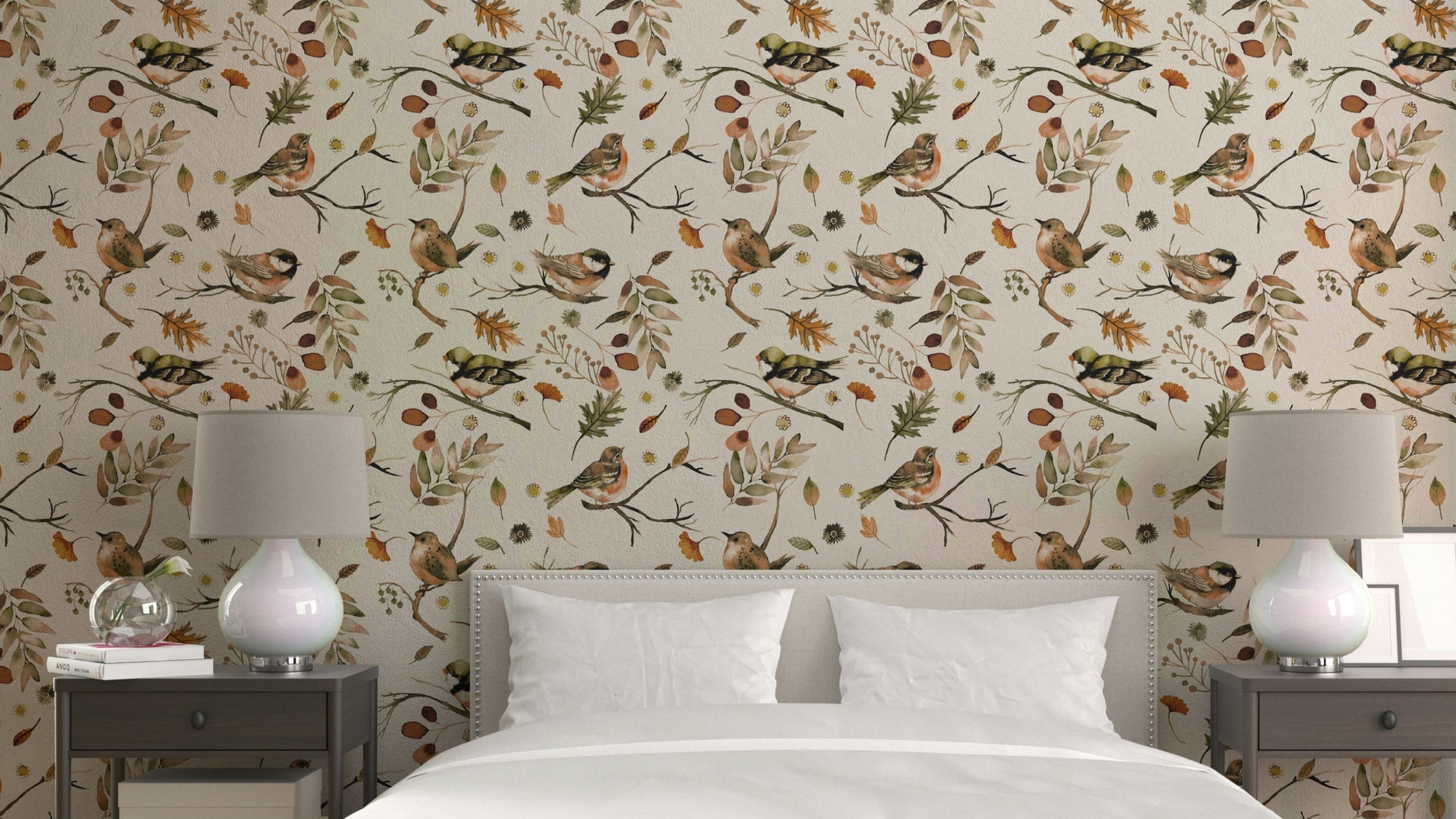 Rustic forest green wallpaper with birds and trees

