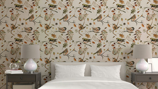 Rustic forest green wallpaper with birds and trees

