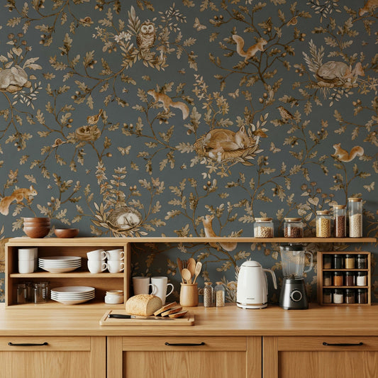 Rustic Forest Motif wallpaper mural in blue-grey above a wood kitchen counter with open shelves, dishes and a kettle