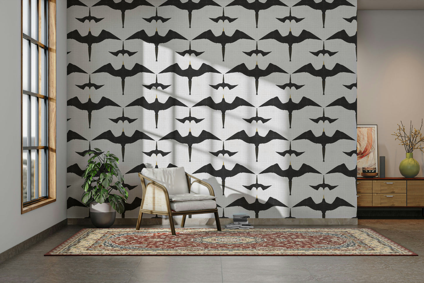 Decorative white wallpaper with rustic bird design

