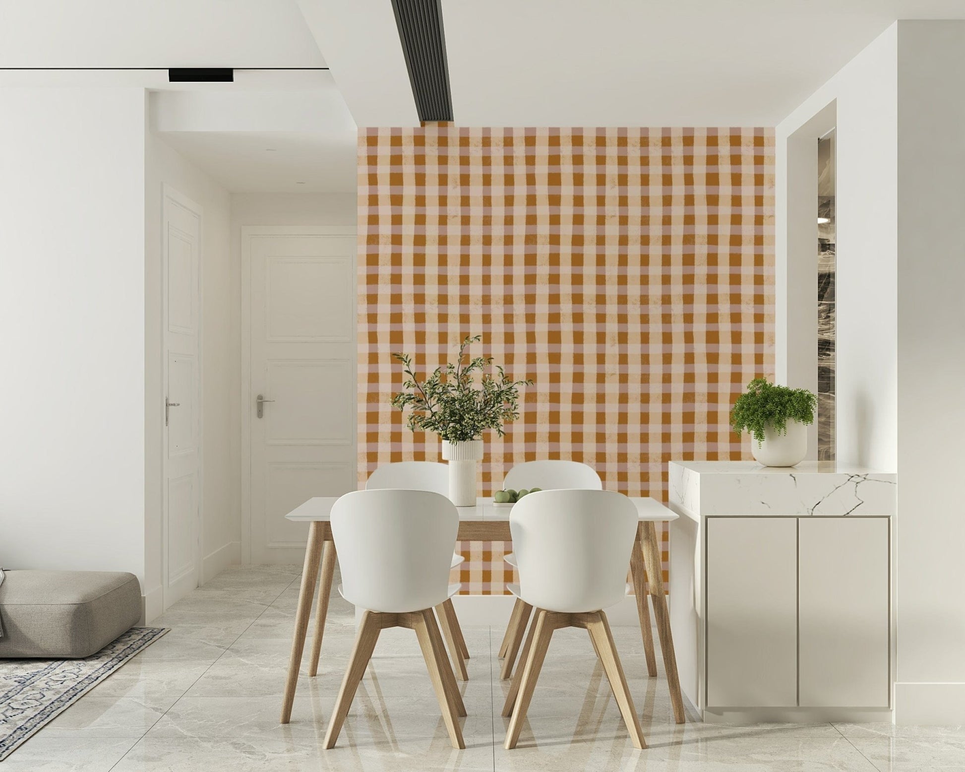 A cozy farmhouse gingham wallpaper featuring uneven, organic brush-stroke checks.