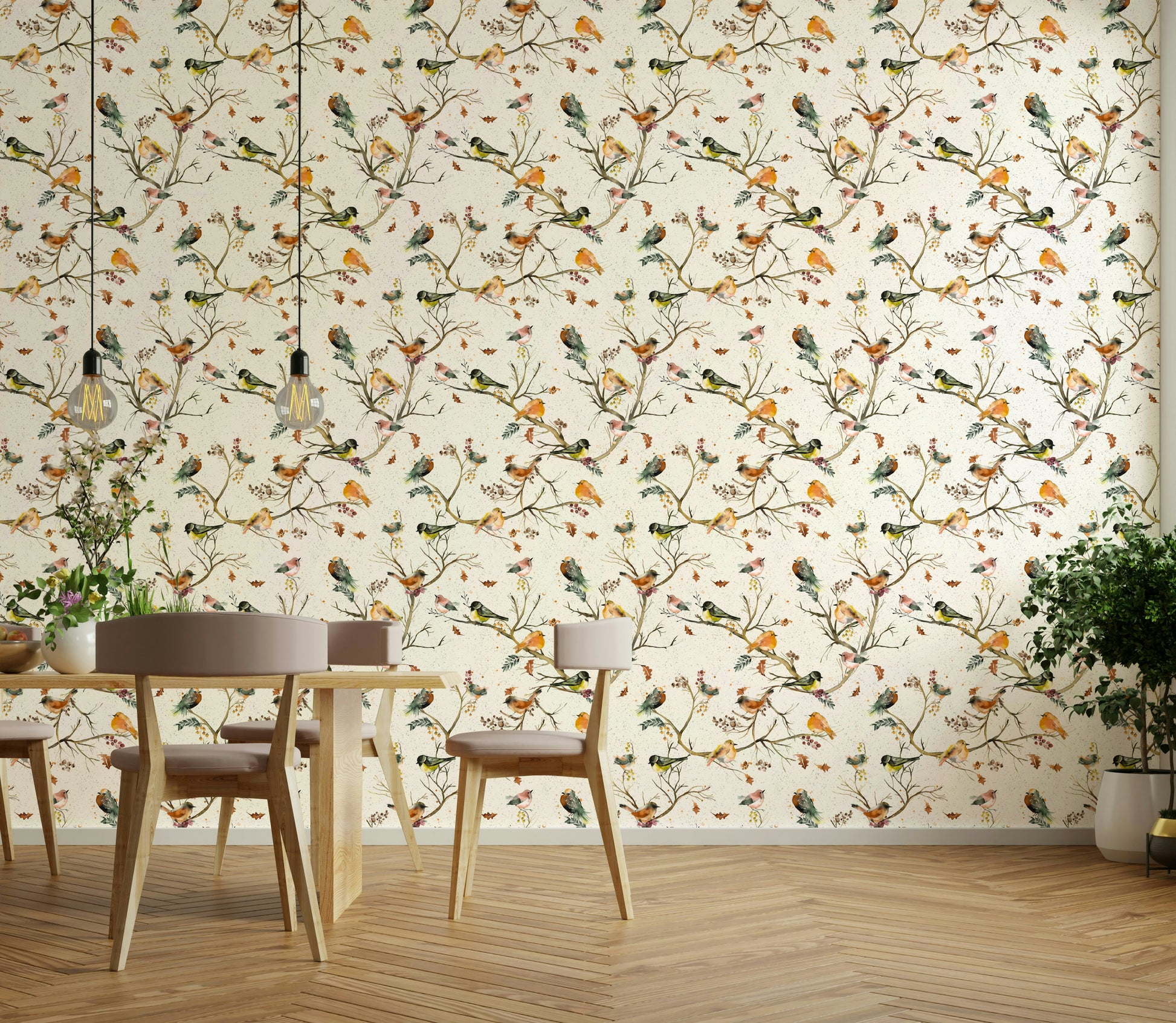 Nature wallpaper with birds on tree branches

